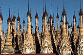Rows of stupas in the Kakku (Kekku) Pagoda complex. The complex was kept hidden from the rest of the world until 2002 when it was opened to foreigners. Shan State, Burma (Myanmar). 